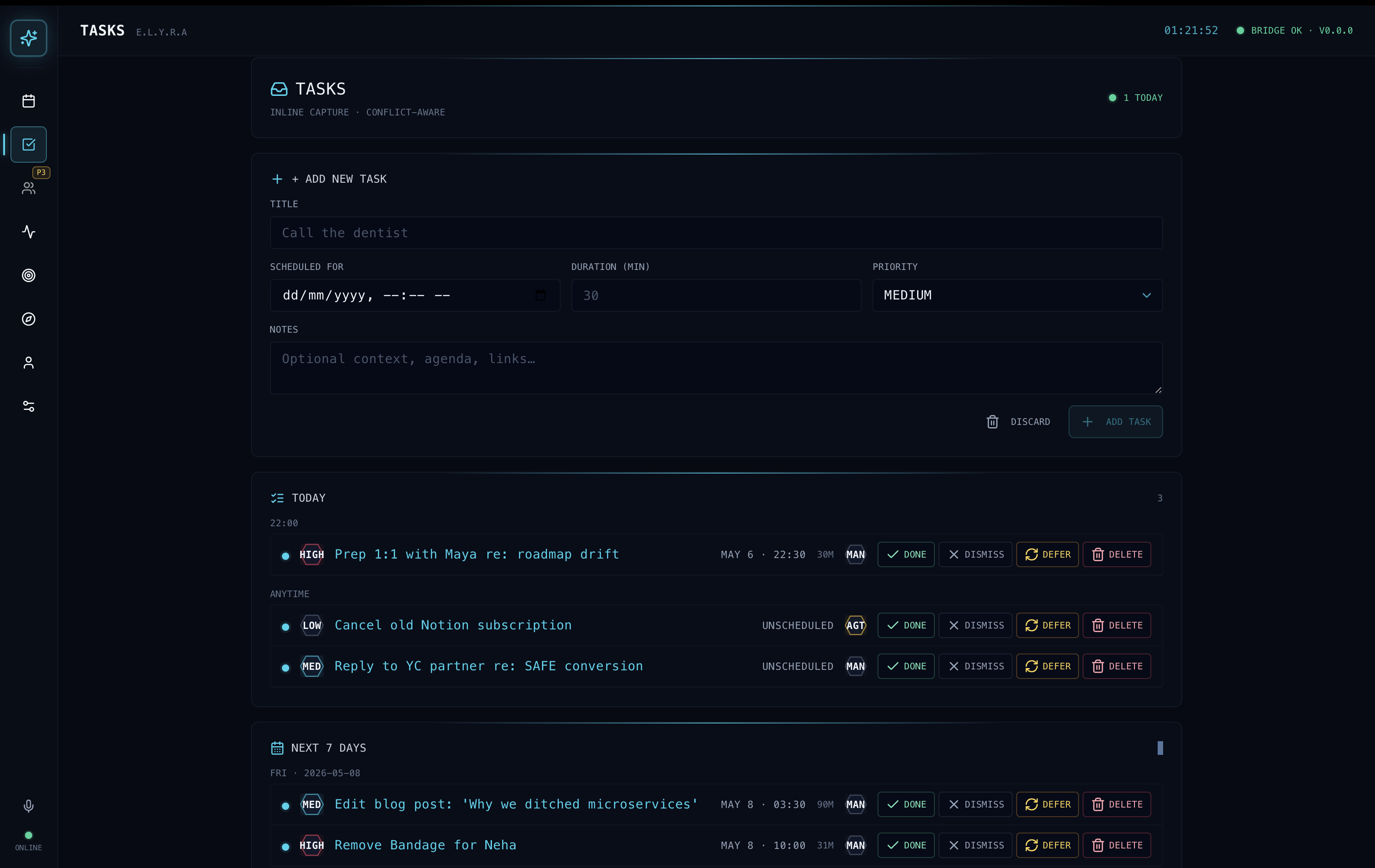 Elyra tasks tab — agent-managed schedule with conflict detection